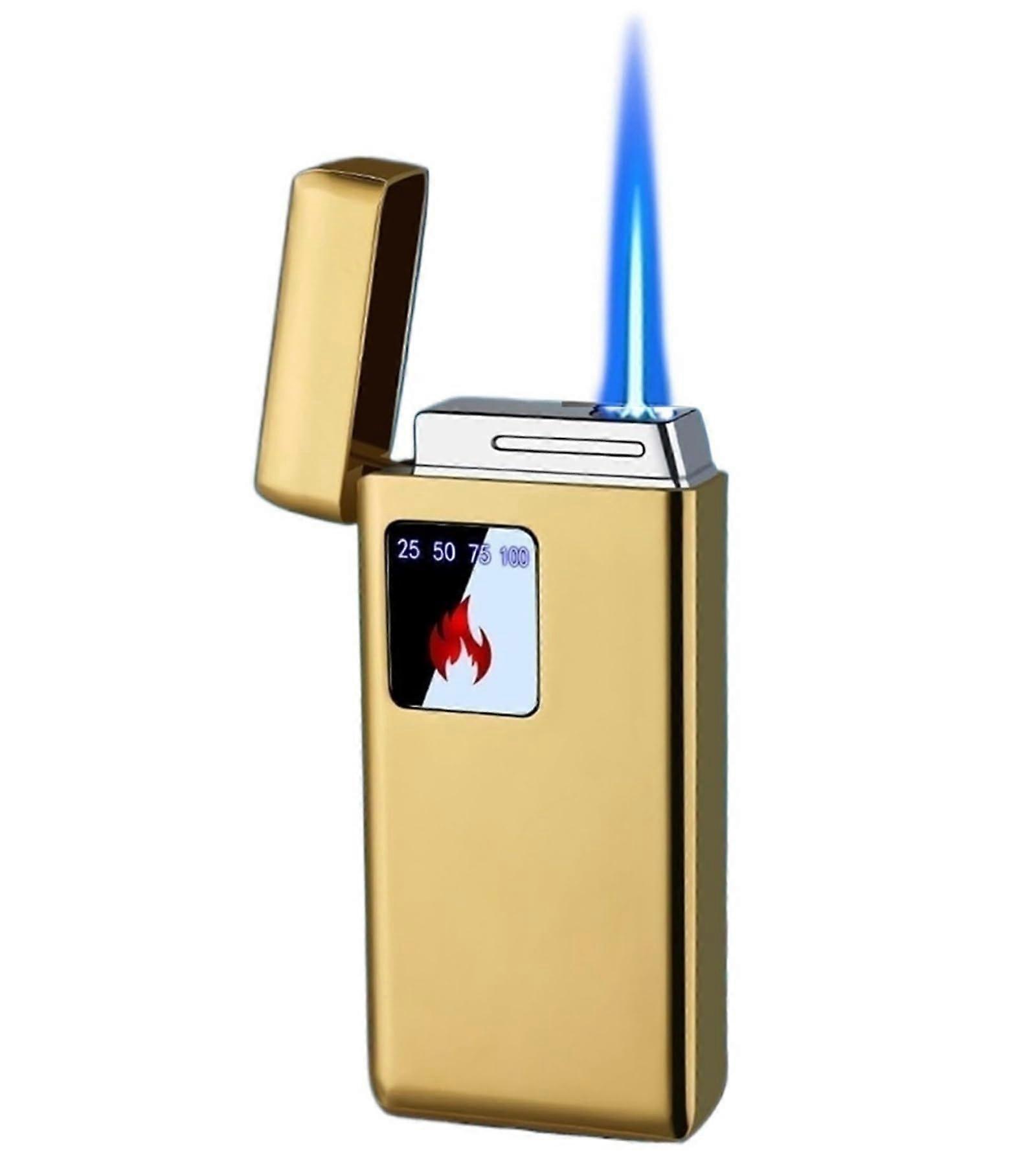 Windproof Butane Torch Lighter Gold Refillable Adjustable Flame with Touch Sensing Ignition for BBQ Candles
