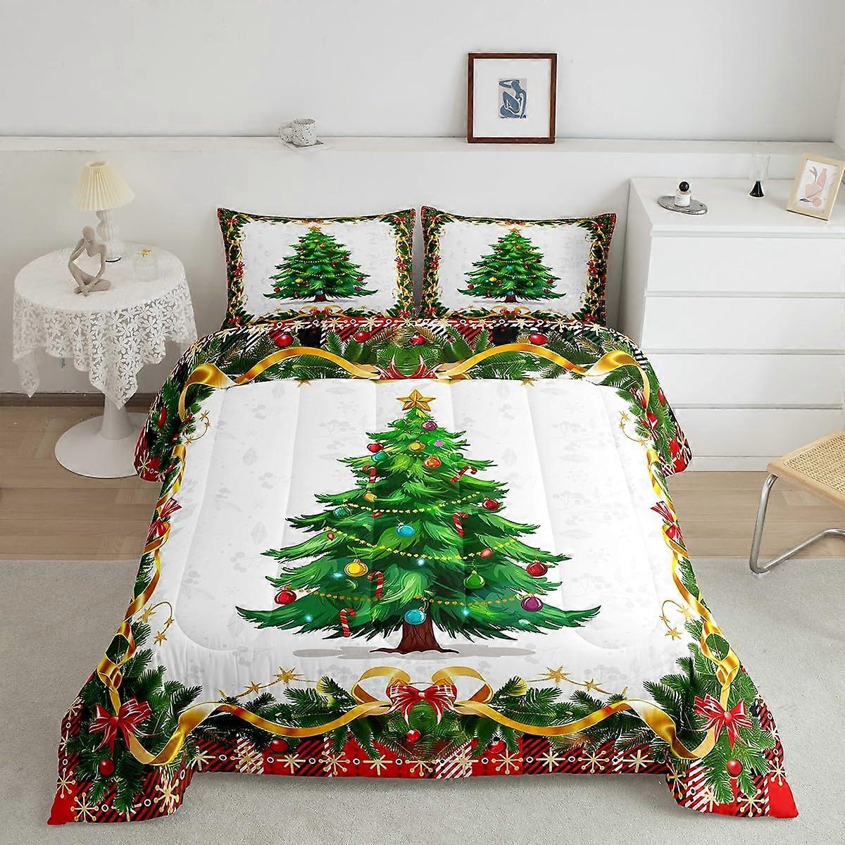 Christmas Bedding Set Full Size Comforter Festive Plaid Patchwork Quilt with 2 Pillowcases