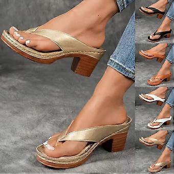 Women's Solid Color Summer Chunky Heel Sandals, 2025 Summer Chunky Heeled Thong Sandals Women Open Toe Flip-Flops Low Wedge Heel Slippers