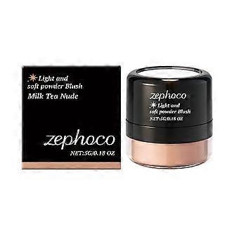 Colorete en polvo Zephoco ligero, transparente y de color suave (milk tea naked), con textura mate suave y ligera, no se desprende, transparente y versátil.