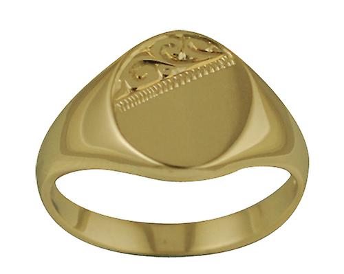 9ct Gold 12x12mm solid hand engraved oval Signet Ring Size Q