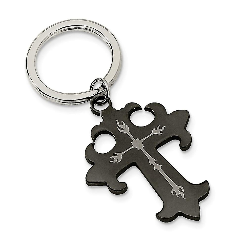 Stainless Steel Polished Laser Etched Black Plated Religious Faith Cross Key Chain-Key Chain for Men
