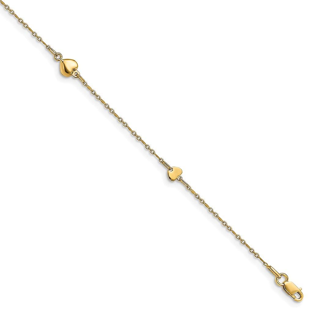 14k Gold Polished Love Heart With 1inch Ext. Anklet 10 Inch-Anklet for Women - 2.3 Grams