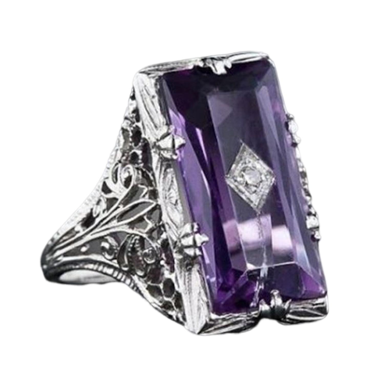 Chamfer Rectangular Bright Luster Women Ring Hollow Embossed Flower Pattern Faux Purple Crystal Ring