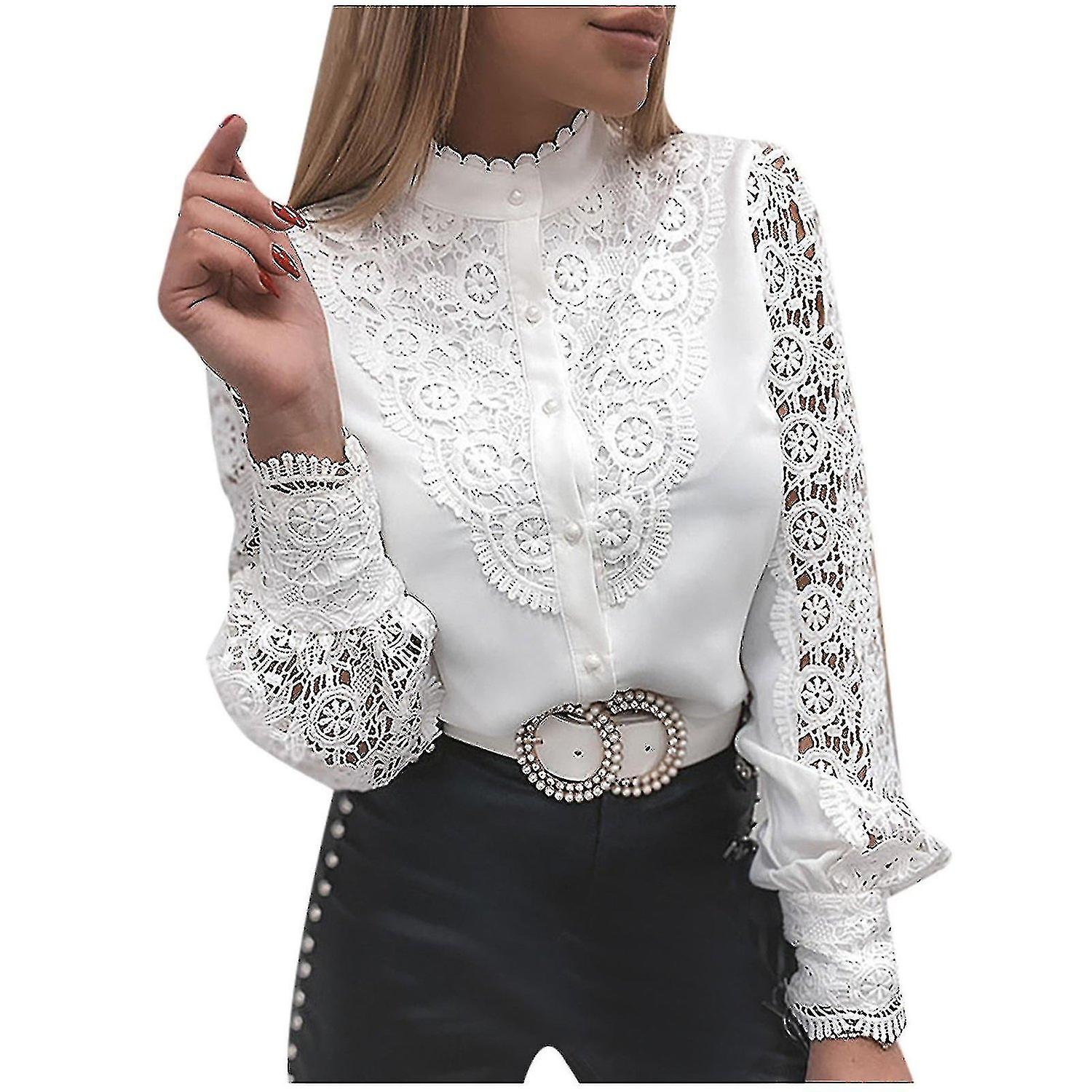 Mode Damen Spitze Langarm V-Ausschnitt Knopf Hemd Langarm Hemd Top-eyzi