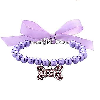 Veeki Dog Cat Pearl Collar Necklace with Rhinestone Bone, Fancy Cat Wedding Collar Jewelry for Cat Puppy Dogs Pets L