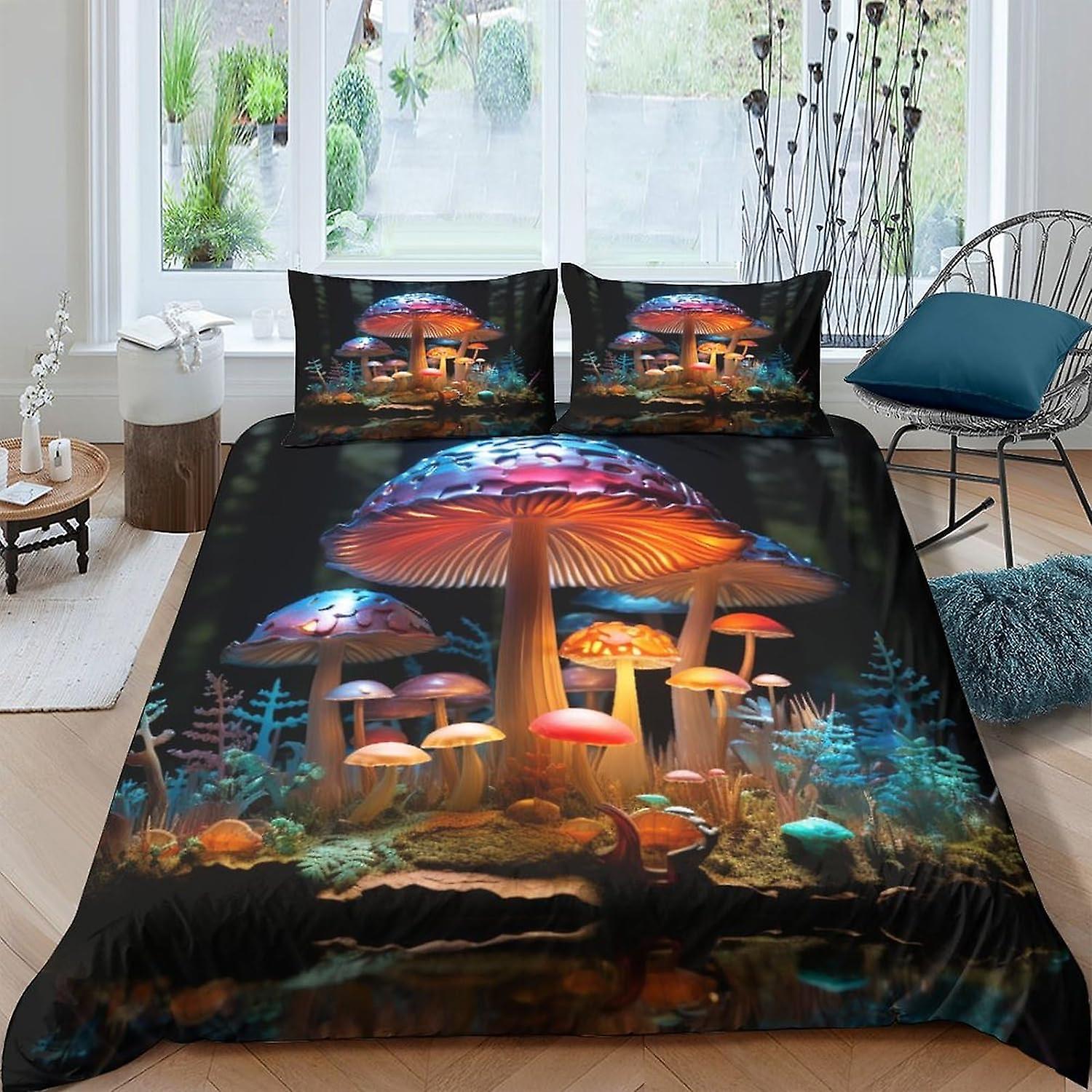 VCLUST Fantasy Mushrooms Ensemble de housse de couette imprimée en 3D Housse de couette en microfibre brossée douce de la forêt des fées Ensembles de literie de qualité hôtelière faciles d’entretien avec oreiller