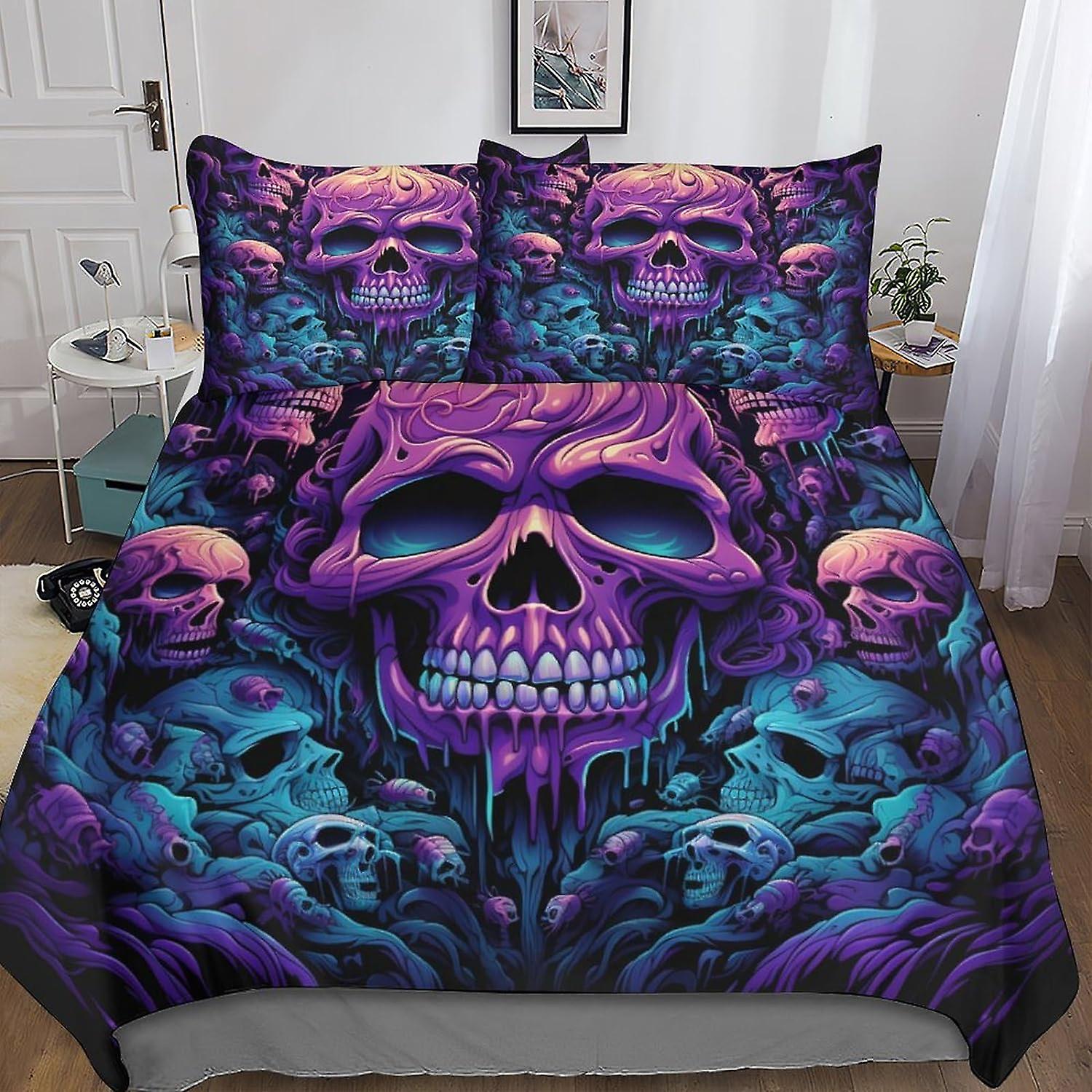 VCLUST Fleurs Crâne Housse De Couette Garçons Enfants Ensemble De Literie Evil Skeleton Housse De Couette Microfibre Décor Avec Un Sens De L’impression 3D Ensemble 3 Pièces Housse De Couette