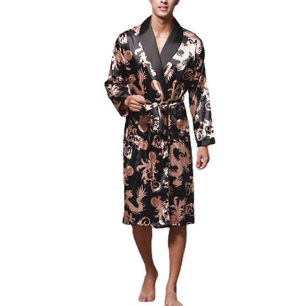 Herr morgonrock Kimono Badrock Satin Lång Nattkläder Robe Cardigan Japansk pyjamas Nattkläder V-ringad med fickor och bälte