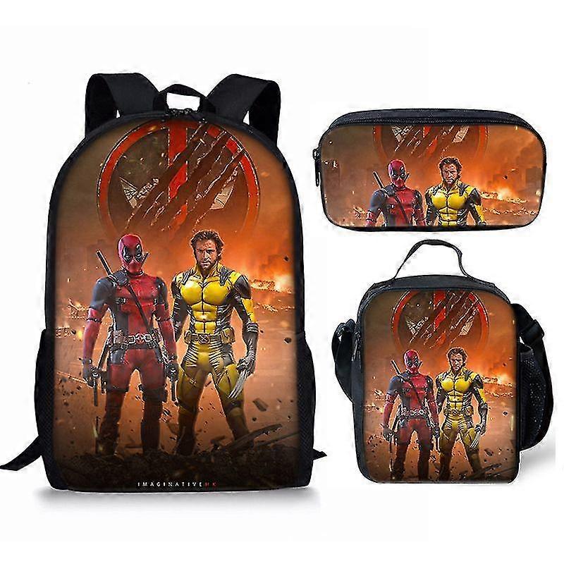 Deadpool & Wolverine Three-piece student backpack set (backpack + meal bag + pencil case)_04,2024 Ping