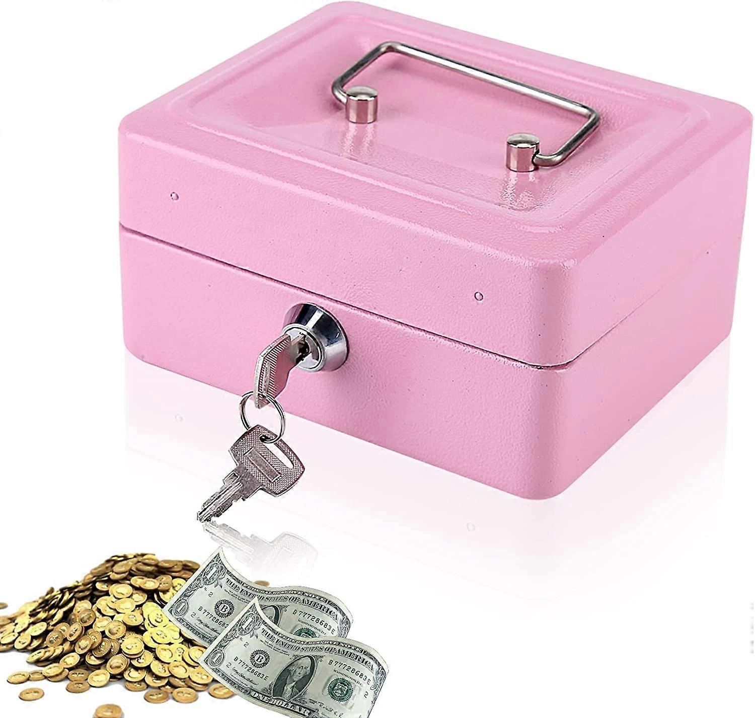 Mini money box with lock, money cassette with 2 keys, 12 x 15 x 7.5cm (pink)