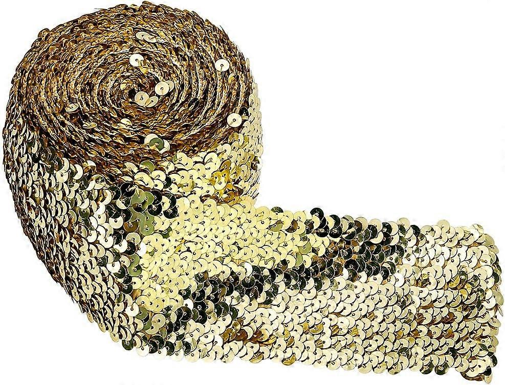 5.5 Yards 3 Inch Wide Sequin Trim Gold Elastic Sequin Ribbon Flat Sequins Paillette Lace Trim Stretch Bling Paillette Ribbon Metallic Stretch Fabric T