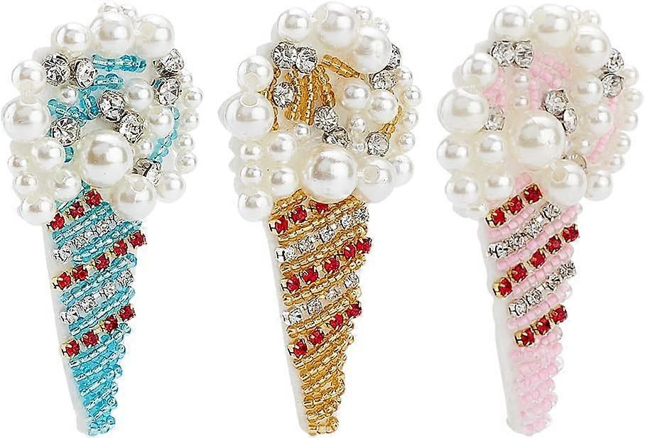 3PCS Ice Cream Beaded Patch (Gold Pink Blue 1.5x2.8 inch) Beautiful Rhinestone & Pearl Beads Applique Decorative Ice Cream Cone Sewing Patches for DIY