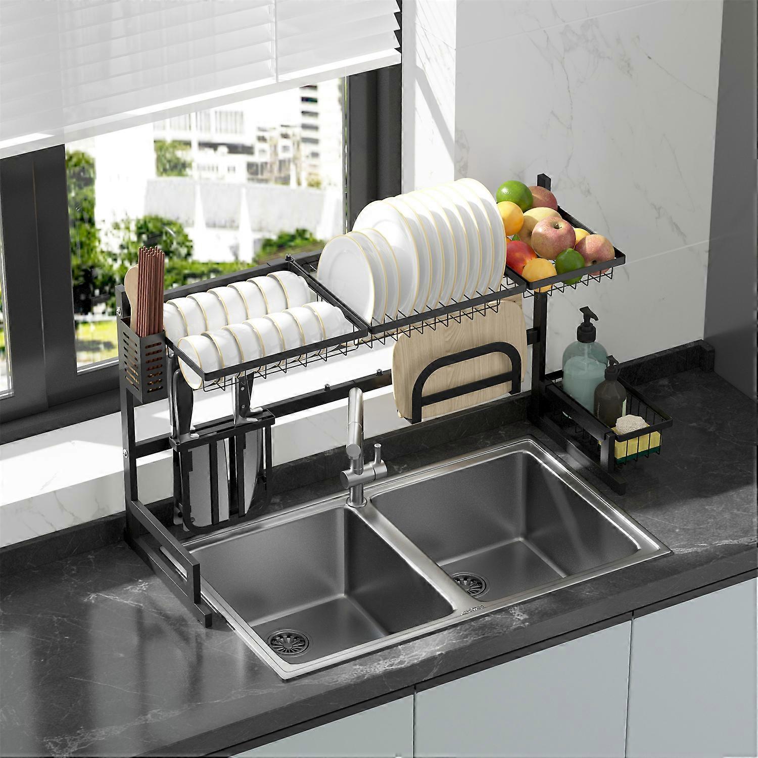 2-Tiers Adjustable Large Capacity Dish Drying Rack Over-The-Sink Space-Saving UK