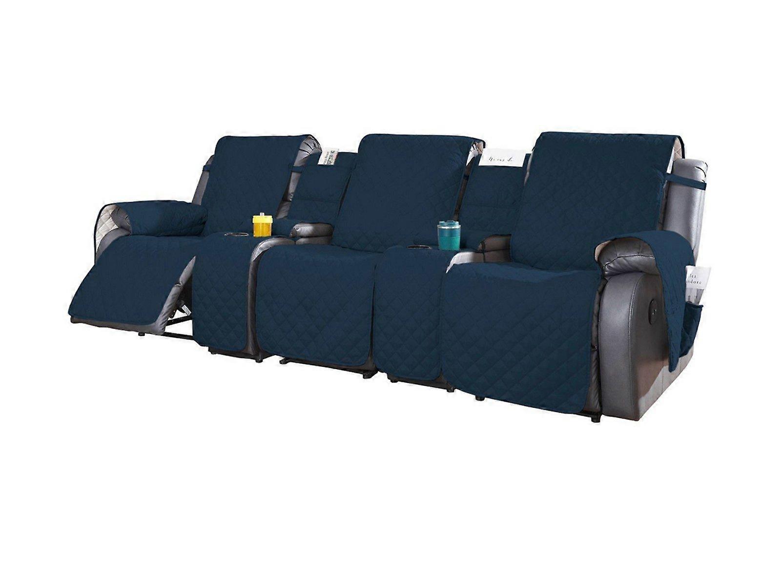 For 3-Seater Recliner Non-Slip Split Recliner Cover with Console Cover-Navy Blue