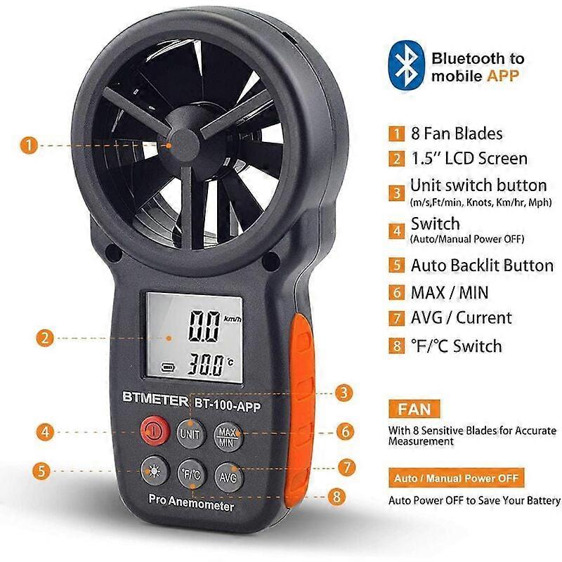 Handheld digital anemometer, bluetooth wireless anemometer, wind chill, speed, temperature monitor BT-100APP