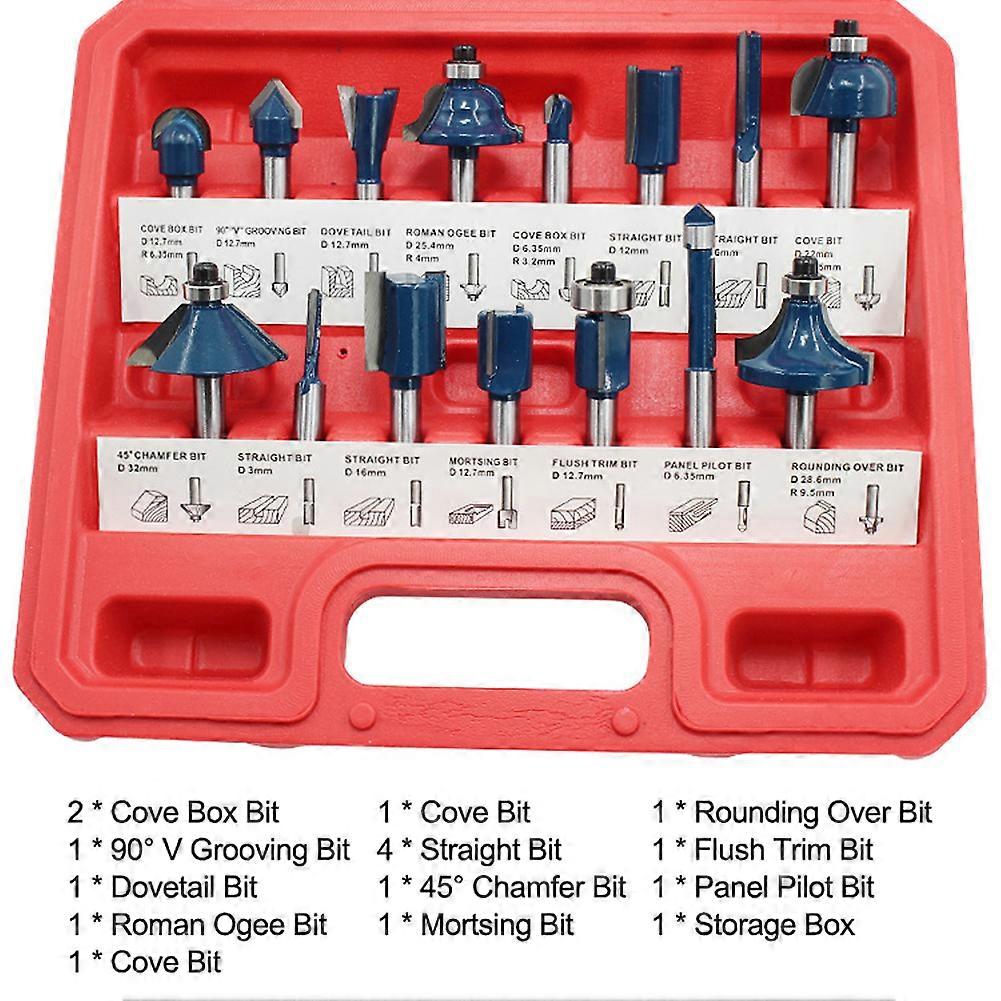 15PCS 1/4 Inch Shank Woodworking Milling Cutter Bits Set Trimming Machine Engraving Machine Accessories Set with Storage Box