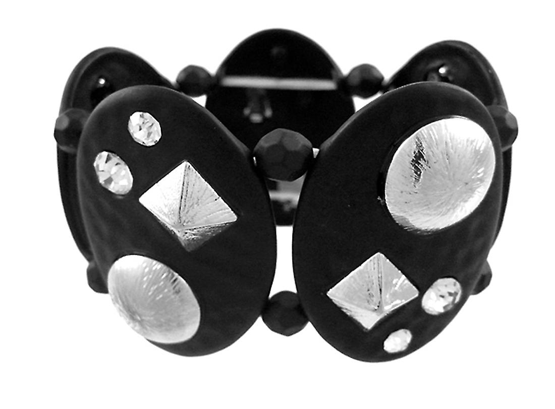 Black Enamel Hammered Metal Studded Stretch Bracelet