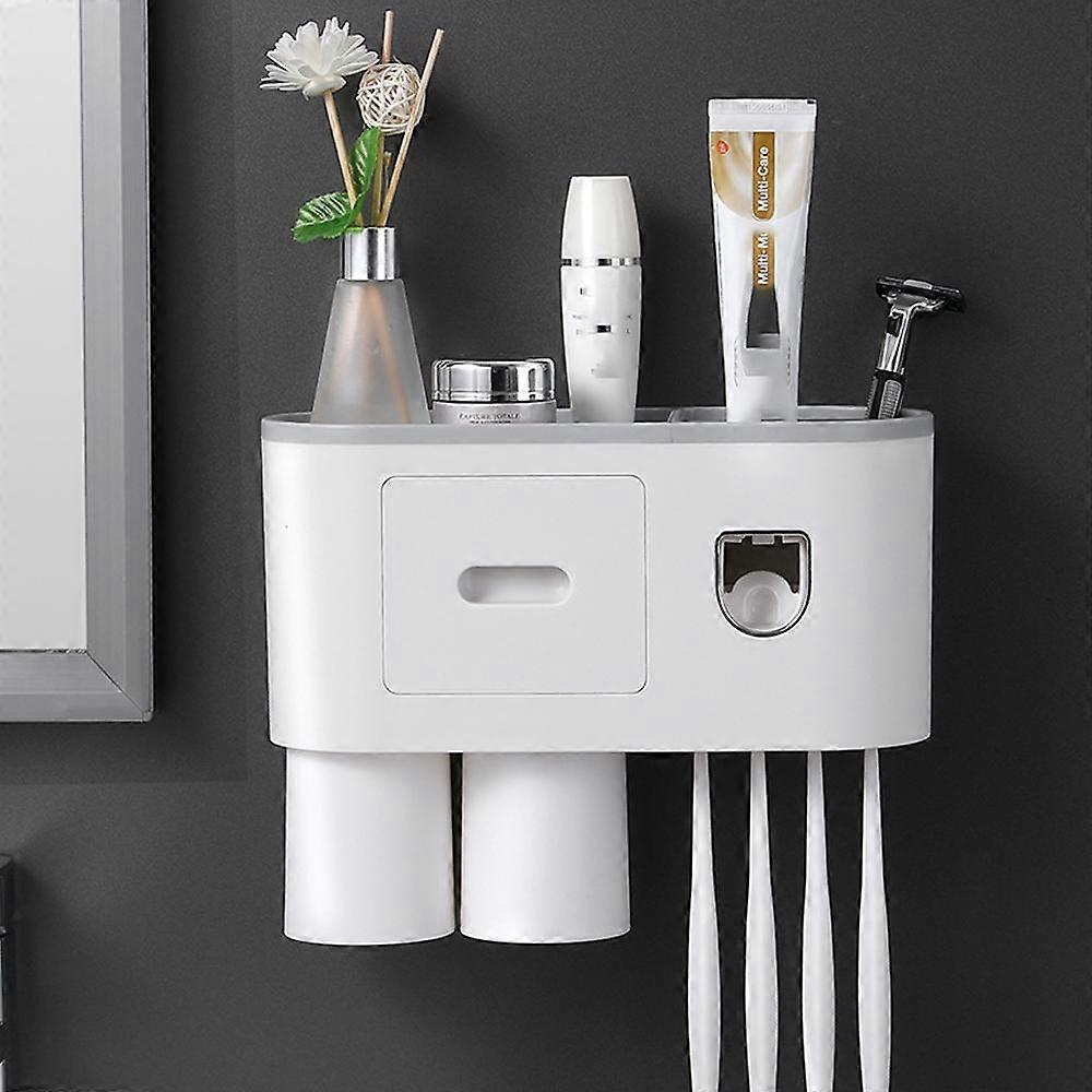 Toothbrush Holder with Toothpaste Dispenser - Multifunctional Wall Mounted Automatic Toothpaste Dispenser Squeeze Kit, 4 Toothbrush Slots, 2 Cups and 