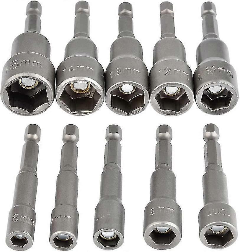 10pcs Drill Hex Socket Set Magnetic 1/4 Hex Socket Socket Adapter 6-15mm Socket Adapter Tool