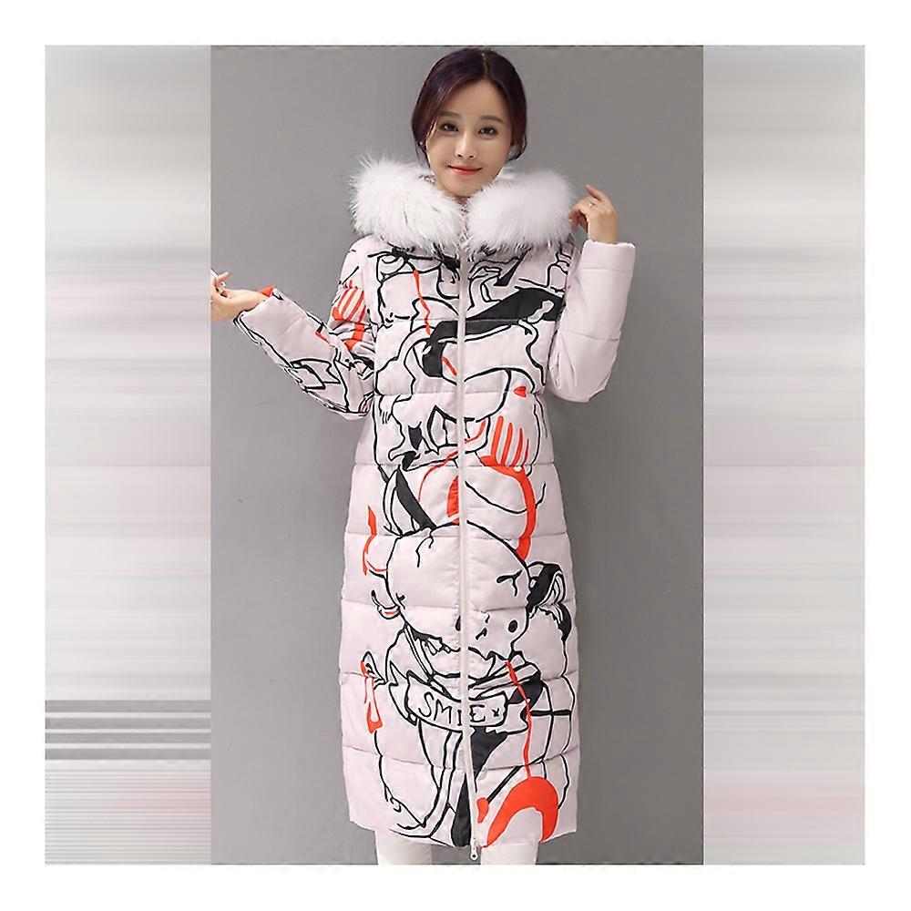 冬スリム女性ロングファーカラー印刷ダウンコート