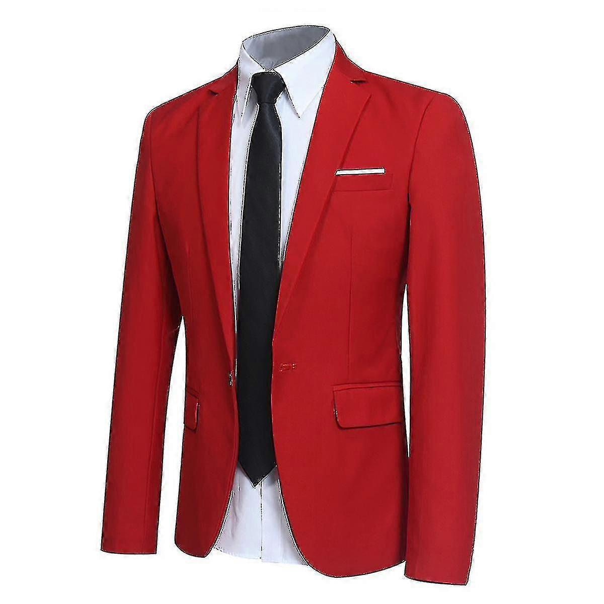 Blazer Slim Fit da uomo formale da uomo in tinta unita a 1 pulsante Rosso L