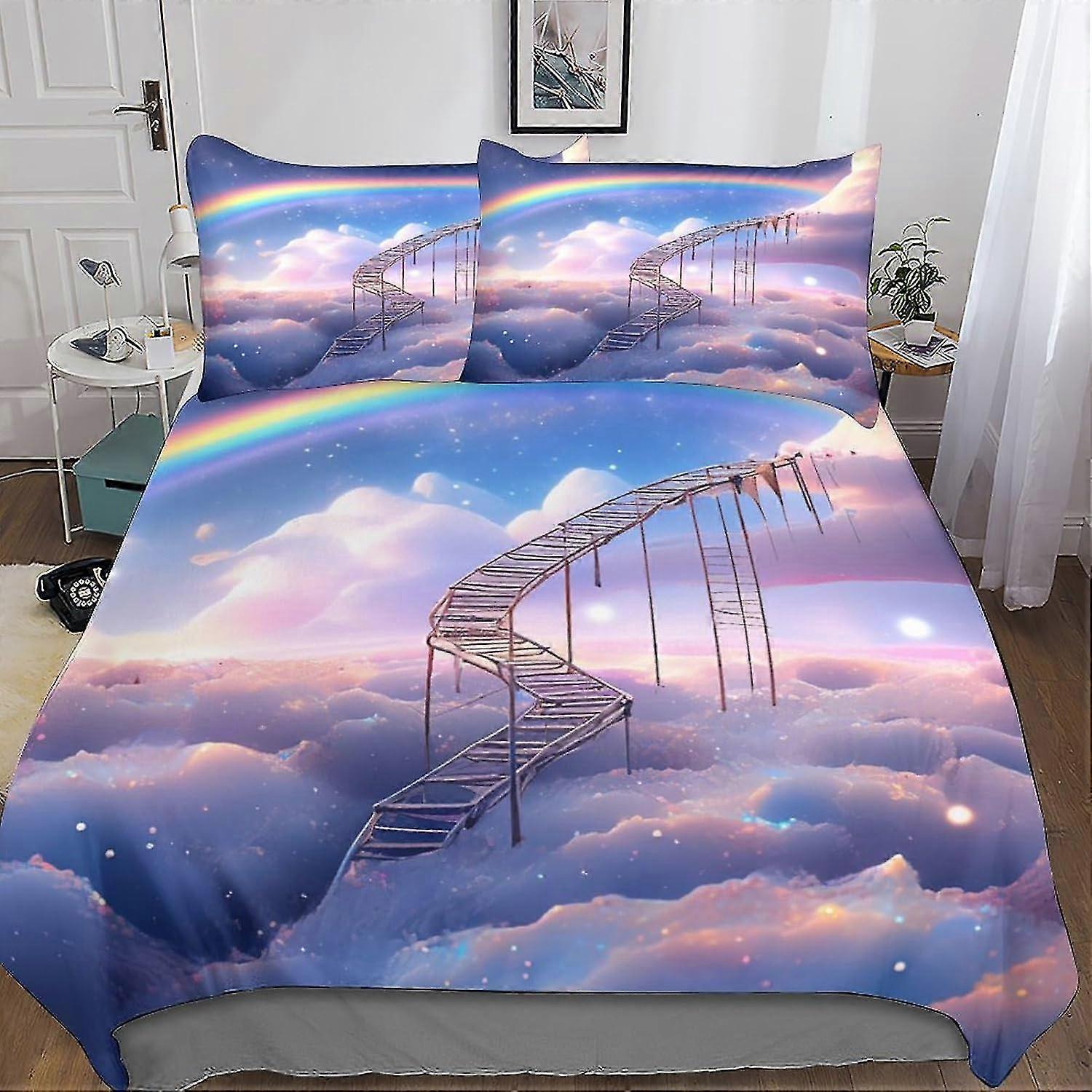 o5573 Lenzuola Arcobaleno Scale Set Copripiumino Biancheria da letto stampata in 3D Set di copripiumino colorato 3 pezzi Morbida microfibra con chiusura a cerniera per adolescenti e
