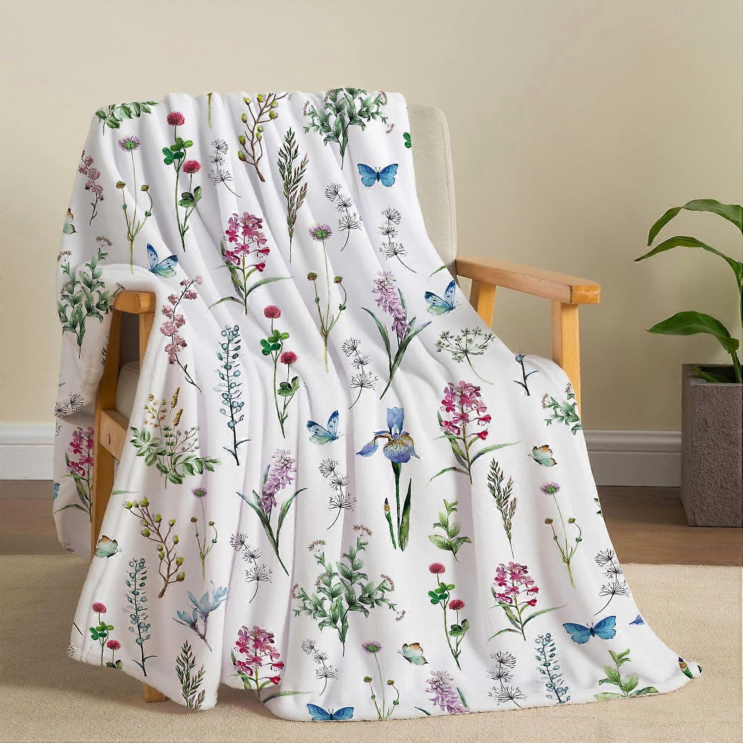 Wildflowers Throw Blanket Botanical Floral Blanket Super Soft Flannel Throw Blanket Lightweight Fluffy Plush Fuzzy Bed Blanket for Bedding Sofa and Tr