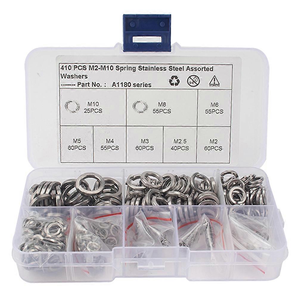 Type A A1180 410Pcs M2-M10 Stainless Steel Assorted Spring Washers with Plastic Box