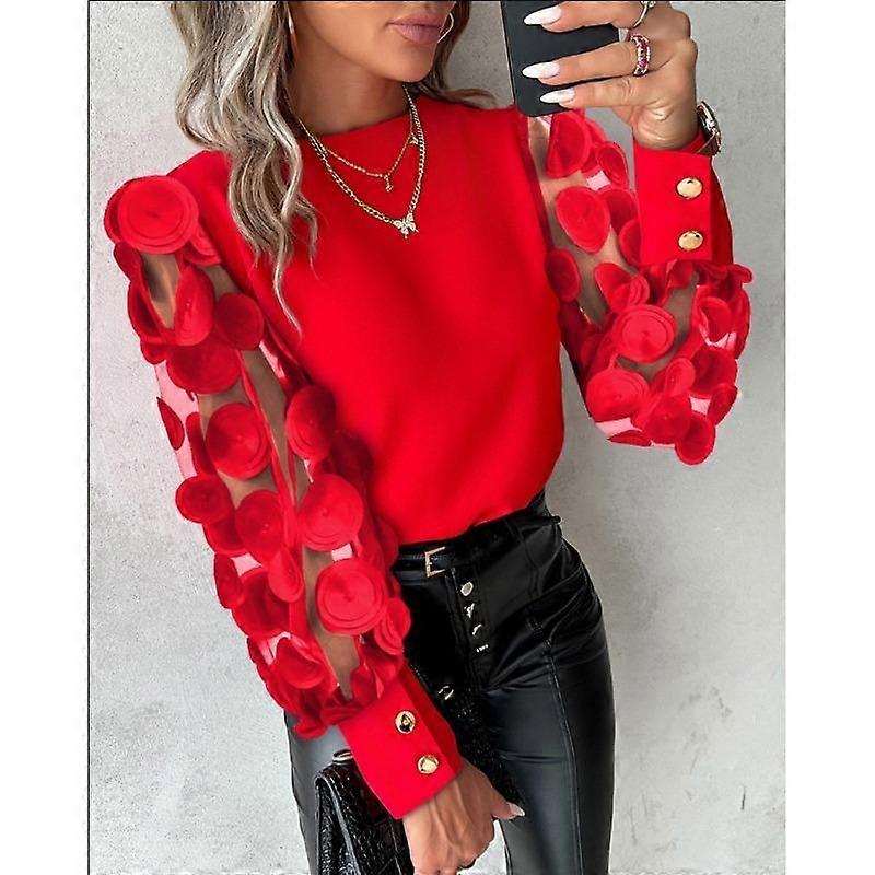 VEZFAA Women's Fashion Casual Spring Autumn Solid Color Print Long Sleeve O-Neck Blouses & Shirts
