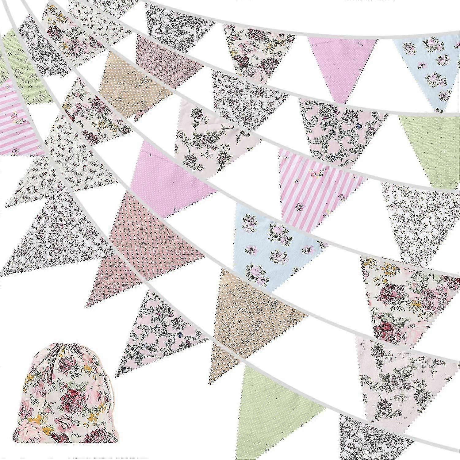 40ft النسيج Bunting، 42pcs في الهواء الطلق بانتينغ بانر، الأزهار خمر القطن مثلث العلم لتزيين الحزب