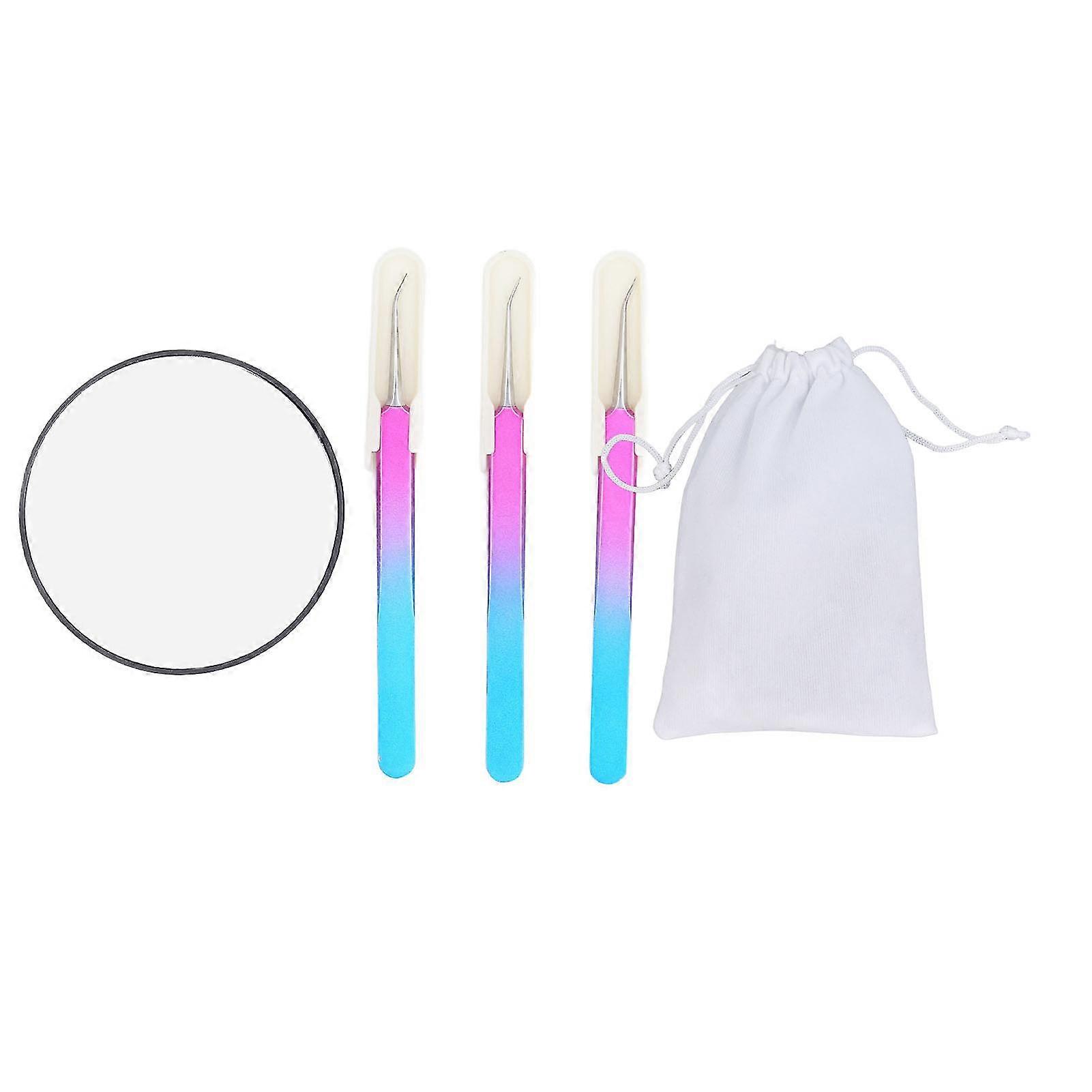 Comedo needles, 3 - piece set with gradient - colored handles, includes protective caps, comes with a round mirror and a drawstring storage bag