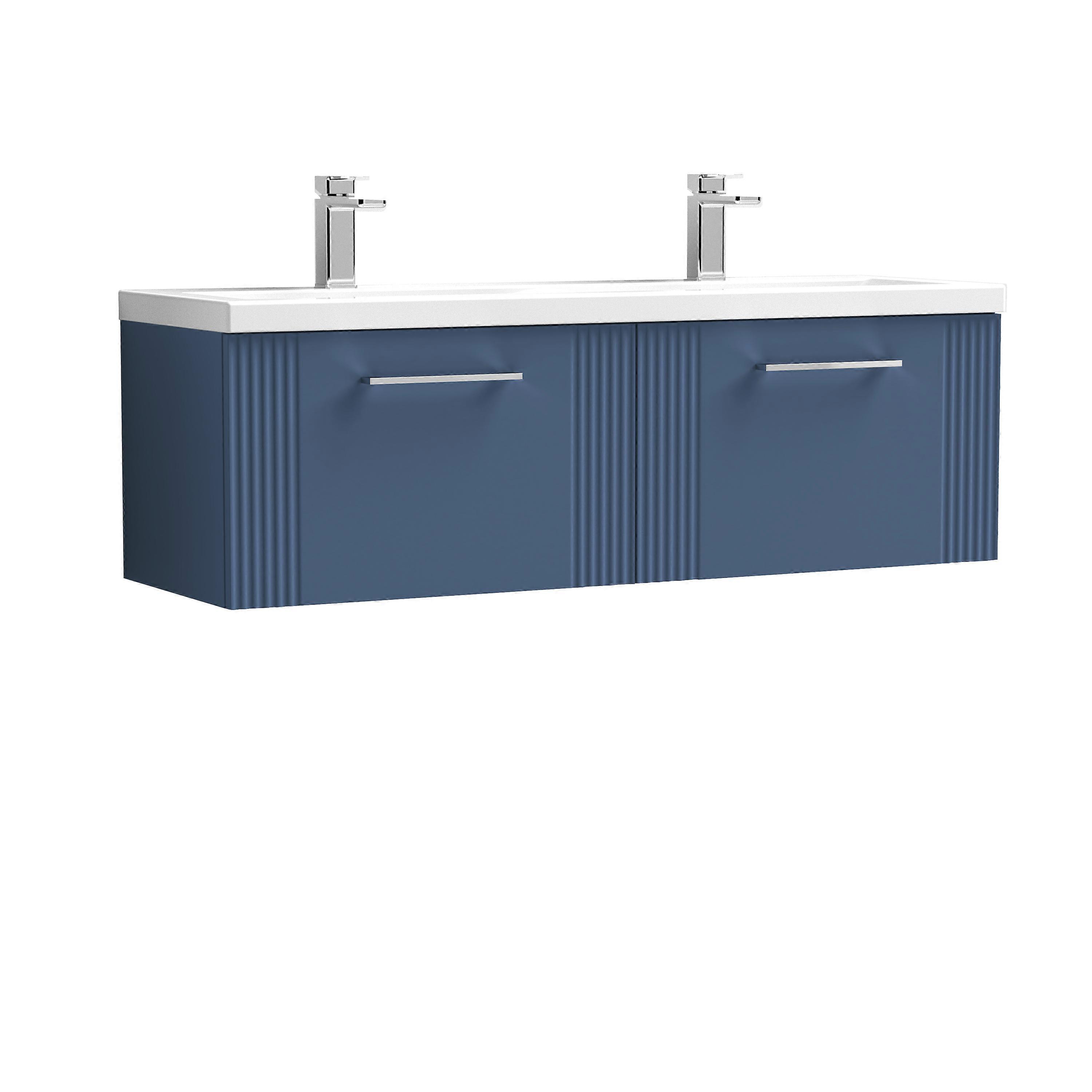Partial Fluted 2 Drawer Wall Hung Vanity Unit with Double Ceramic Basin - 1200mm - Satin Blue 