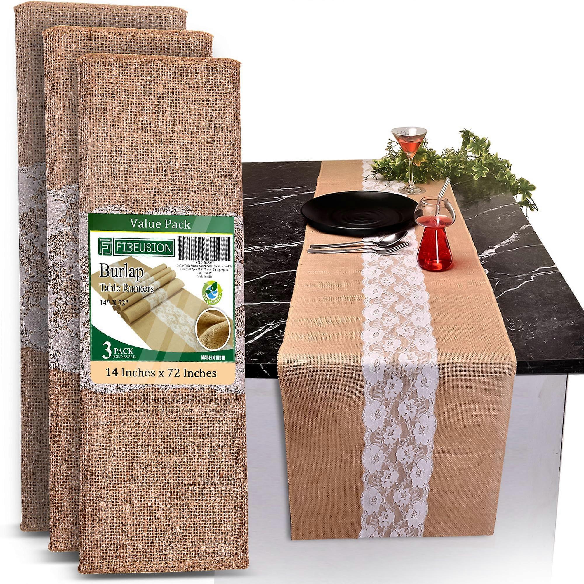 3 Pack Burlap Lace Table Runner 14"x 72" for Rustic Christmas Decor, Holiday Table Setting, Farmhouse Style
