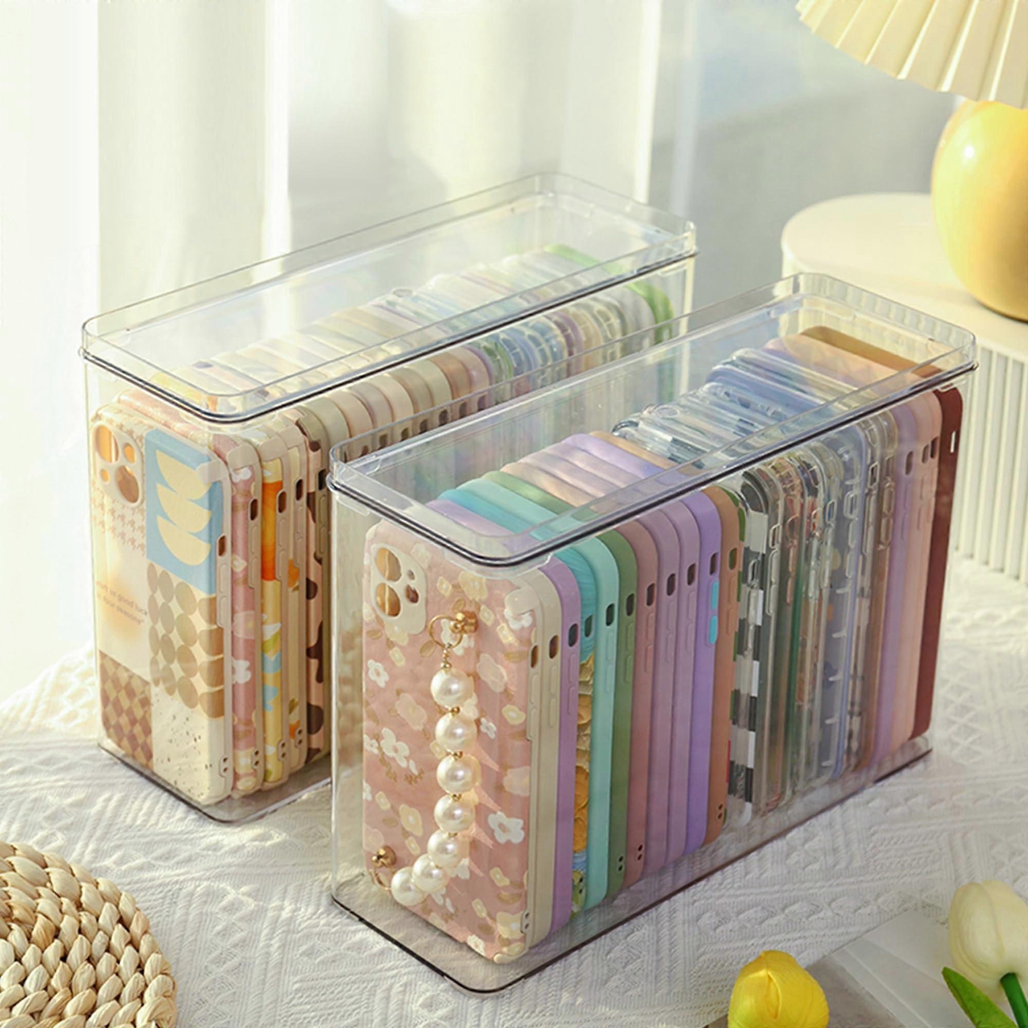 Cell Phone Case Storage Box - Multifunctional Plastic Organizer for iPhone, Clear Holder with Lid, 2PCS, Fits All Models