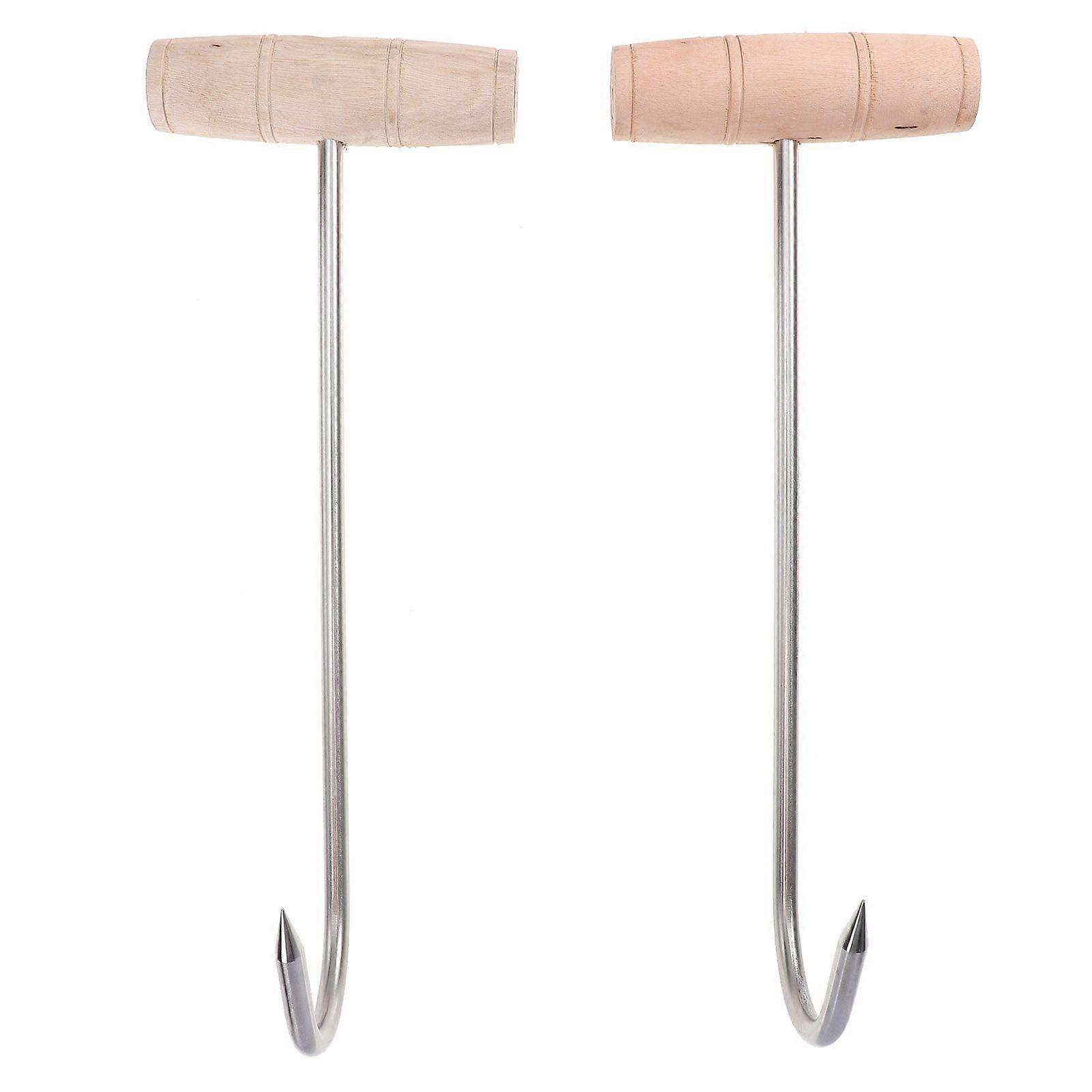 2pcs Stainless Steel Hooks with Wooden Handle T Shaped Pork Hanging Hooks