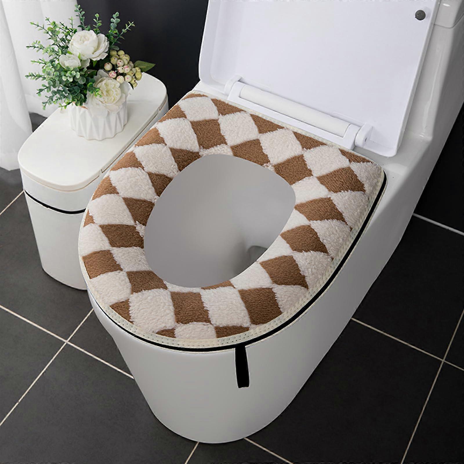 Toilet Seat Cover with Handle, Washable Non-Slip Toilet Seat Warmer, Brown 38 x 42 cm, Zip Design for Comfort