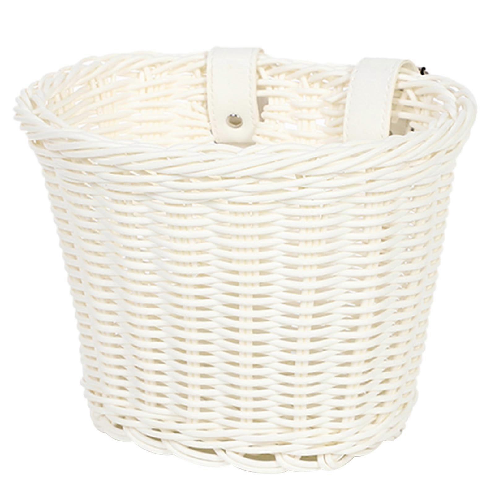 Front basket for children, woven, with adjustable leather strap, handle, storage container, white