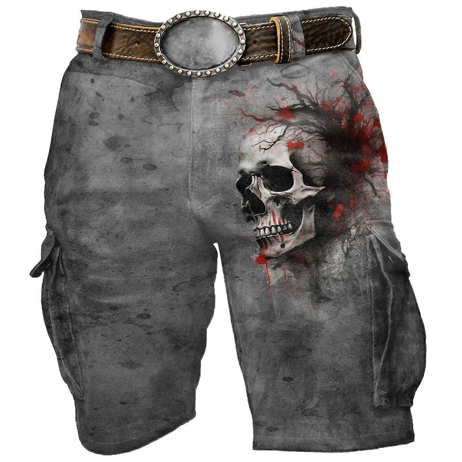 3D Skull Print Cargo Shorts for Men, Vintage Bermuda Work Trousers, XXL Dark Gray Techwear with Pockets