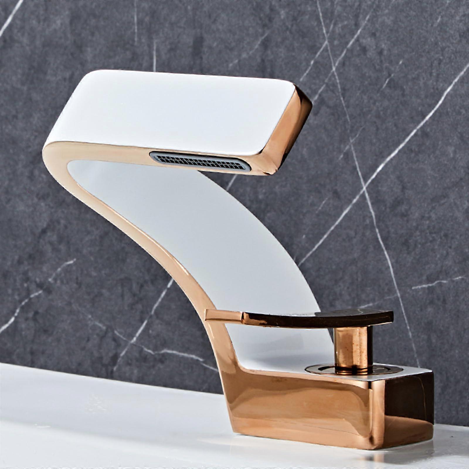 Modern Waterfall Bathroom Faucet Single Handle Brass Sink Mixer White and Rose Gold Finish with High Arc Design