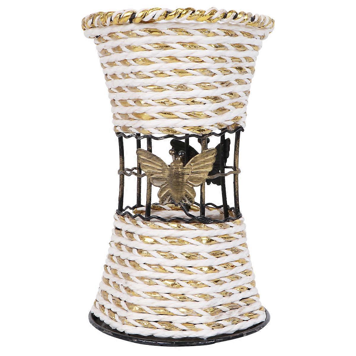 1PC Simulated Rattan Woven Vase Mini Desktop Round Vase Simple Iron Art Rattan Woven Flower Vase Delicate Handmade Rattan Woven Flower Vase for