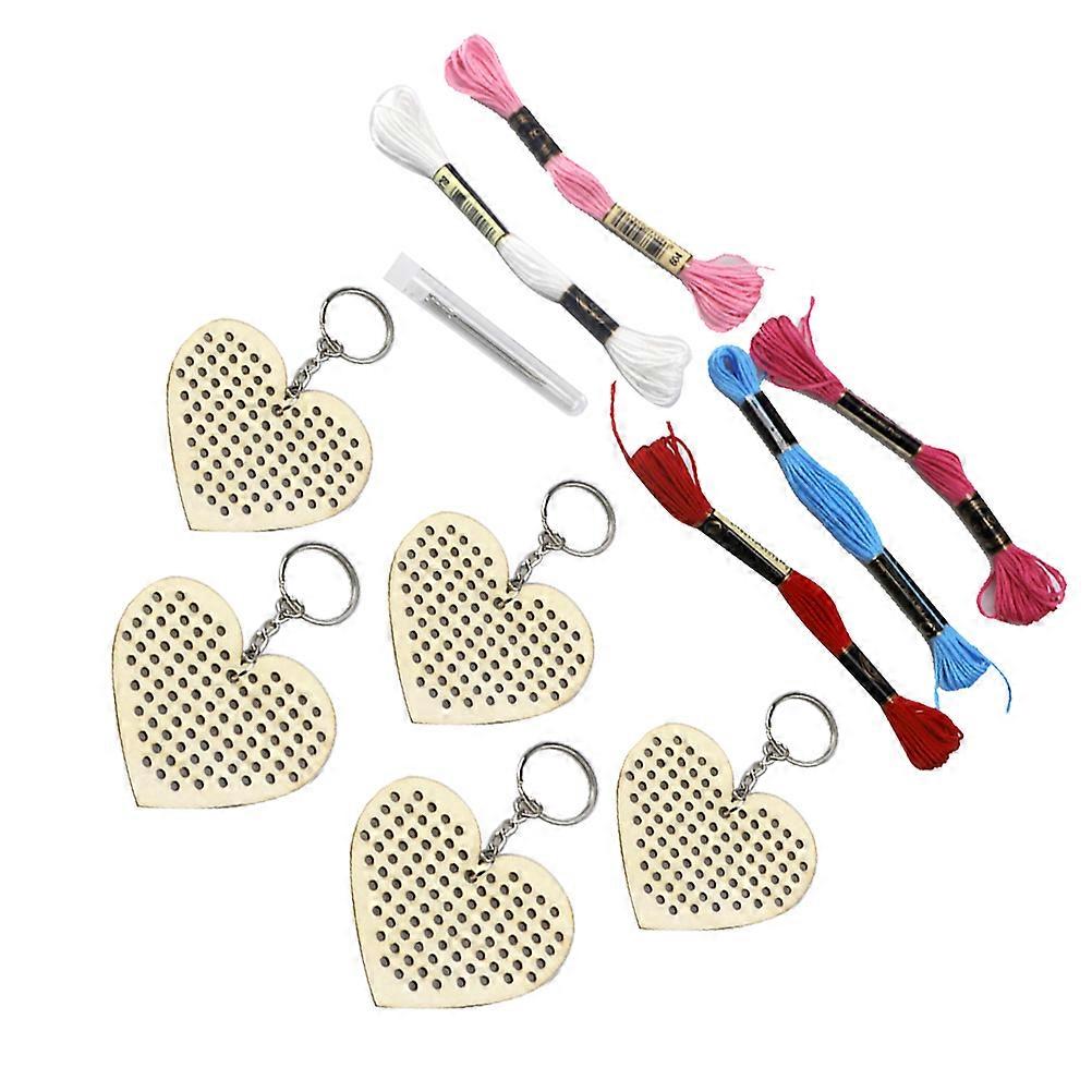 Heart Shape Wooden Cross Stitch Kit 5pcs DIY Craft Accessories for Handmade Bookmarks and Decorations, Quality Wood Thread, Random Color for