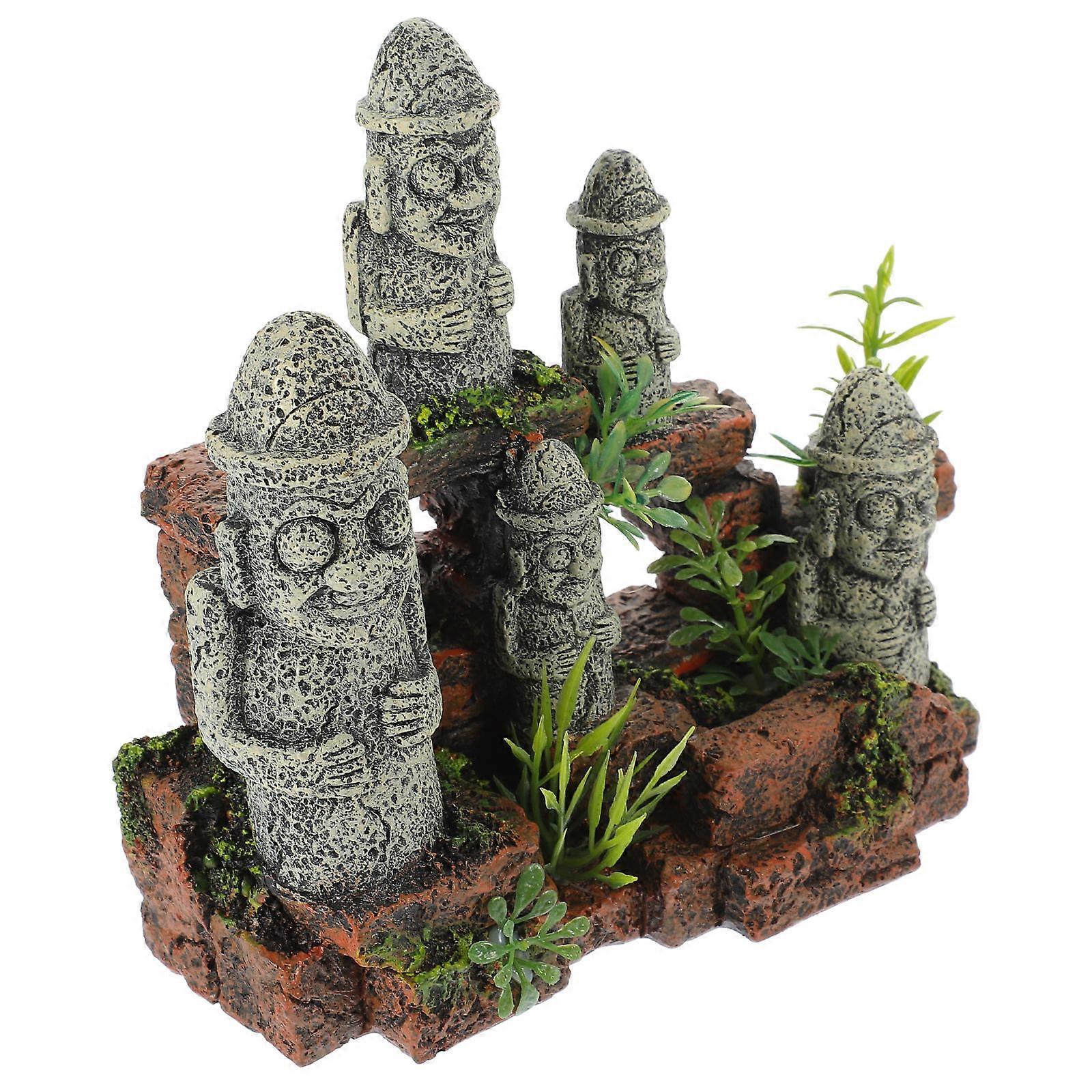 Moai Statue Resin Ornament for Fish Tank Decor Grey Color Retro Design 4.72 Inches
