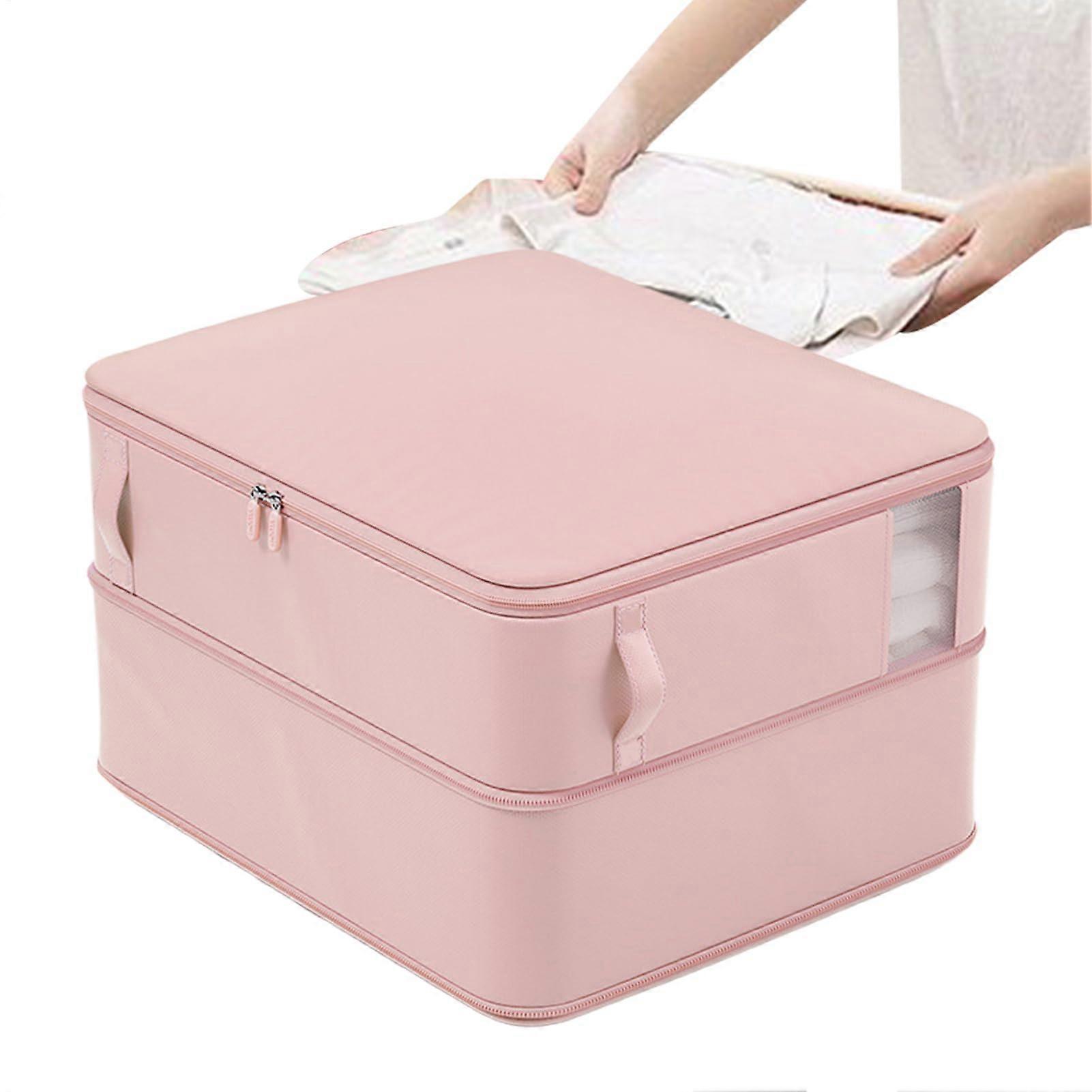 Storage Bag for Comforters and Blankets | Pink Compressed Space Saver with Window Design, Stackable for Travel and Moving, Size M
