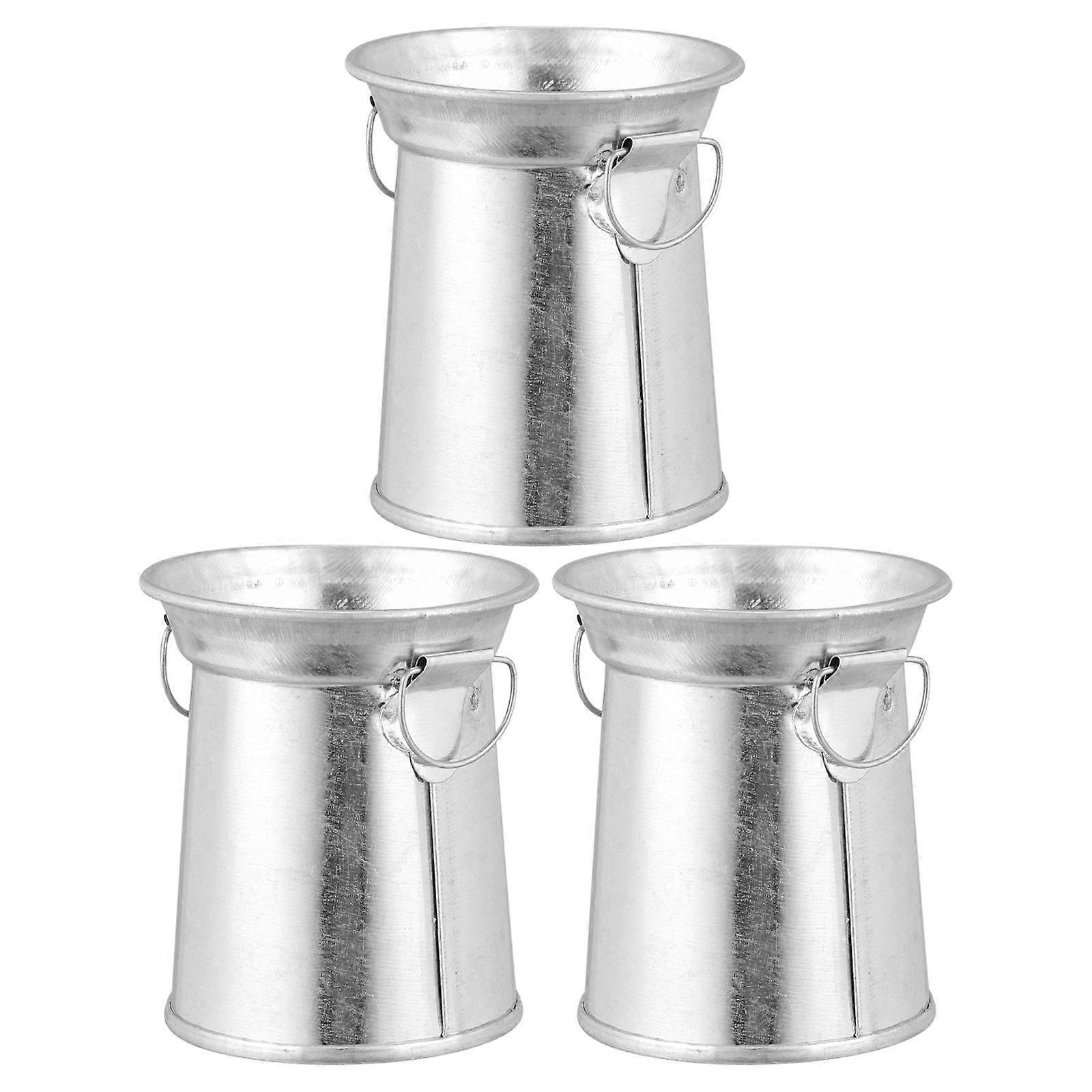 Vintage Tinplate Silver Vase with Handle for Home Use Stylish Decorative Flower Holder 3pcs