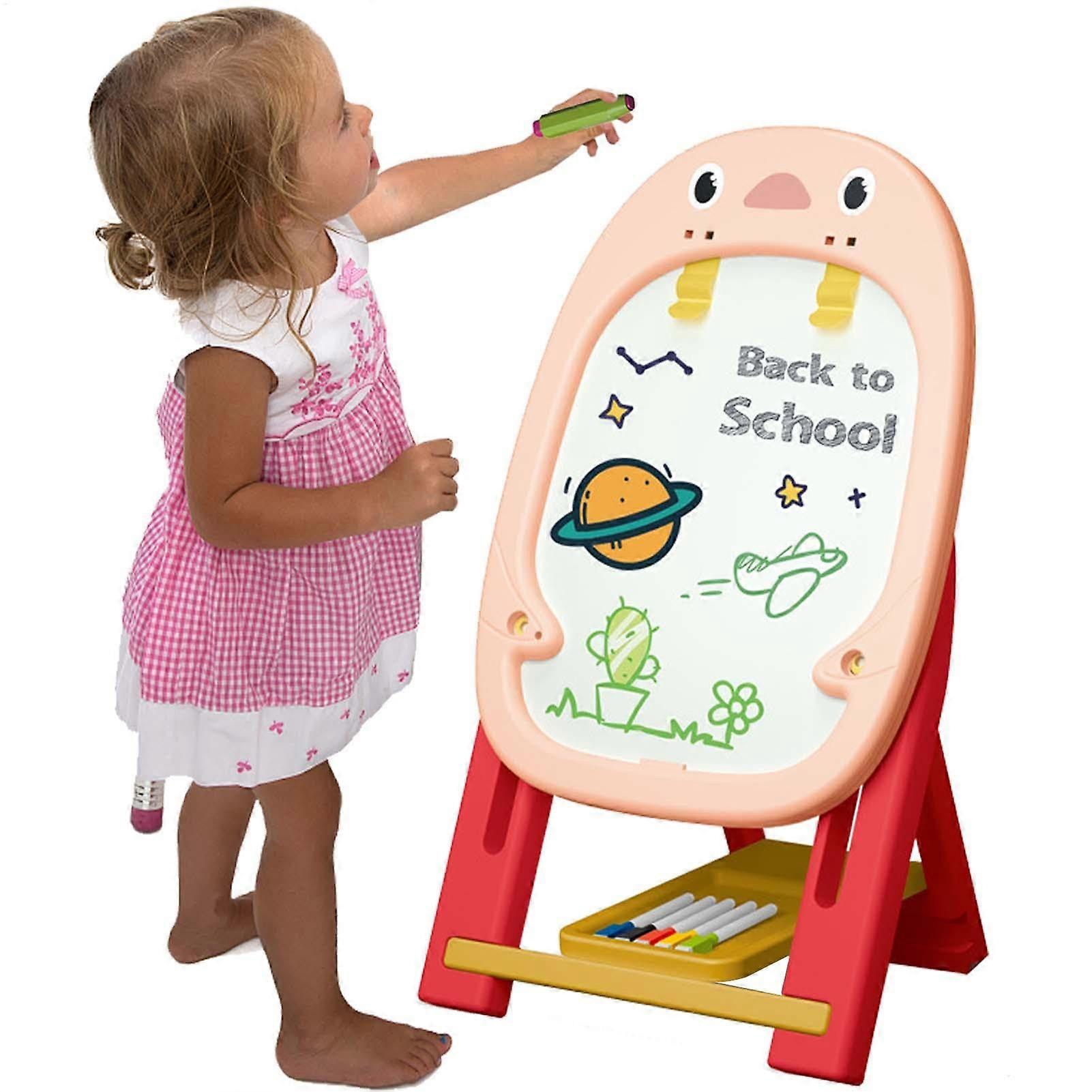 Kids Art Easel with Chalkboard and Painting Accessories, Portable Standing Drawing Board for Toddlers, Pink