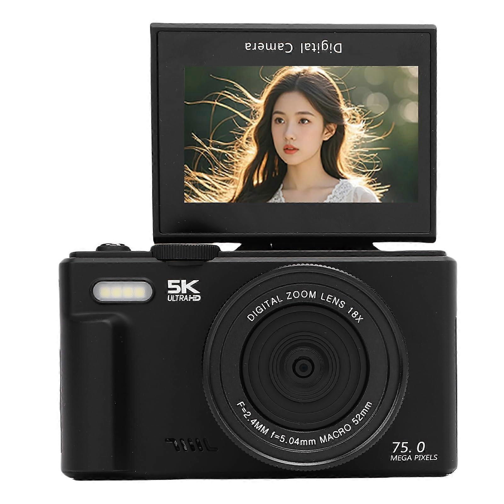 5K 75MP Digitalkamera, AutoFocus WiFi mit 18-fachem Zoom, 3,0 Zoll Flip Screen (32GB) Schwarz
