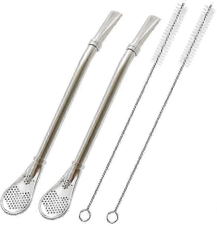 2 Pack Stainless Steel Straw With Filter Spoon, For Iced Tea, Cocktail