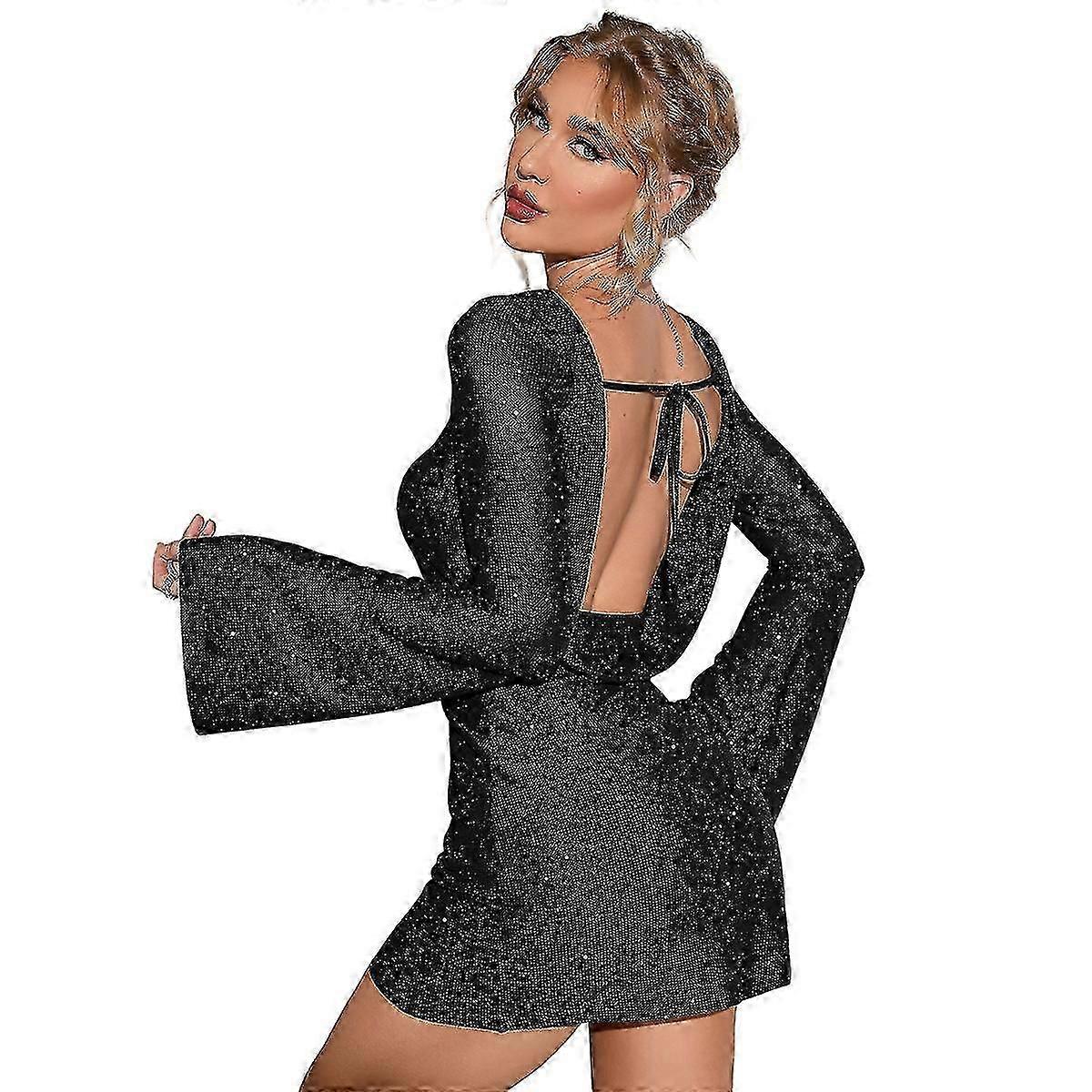 Dámské Backless Flounce Sleeve Šumivé Mesh Mini šaty