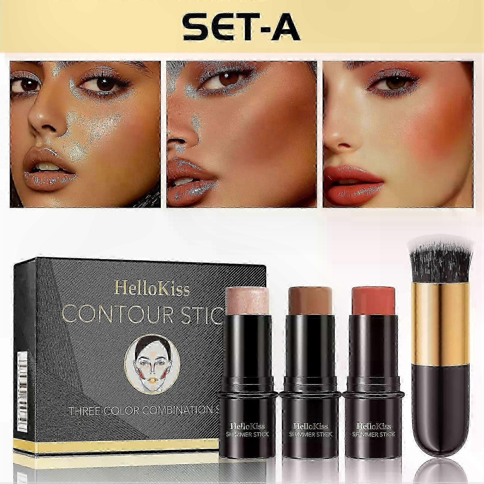 Cream Contour Stick Trio with Highlighter, Blush, and Bronzer for Face, Lips, Eyes, Natural Makeup, Long-Lasting Finish